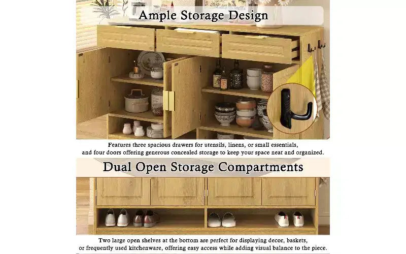 Buffet de Ferme avec 3 Tiroirs et 4 Portes, Meuble de Rangement Multi-Fonctionnel avec Étagère Réglable, Armoire de Cuisine
