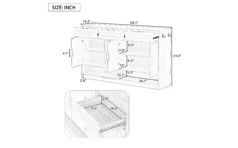 Buffet de Ferme avec 3 Tiroirs et 4 Portes, Meuble de Rangement Multi-Fonctionnel avec Étagère Réglable, Armoire de Cuisine