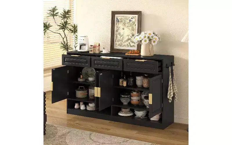 Buffet de Ferme avec 3 Tiroirs et 4 Portes, Meuble de Rangement Multi-Fonctionnel avec Étagère Réglable, Armoire de Cuisine