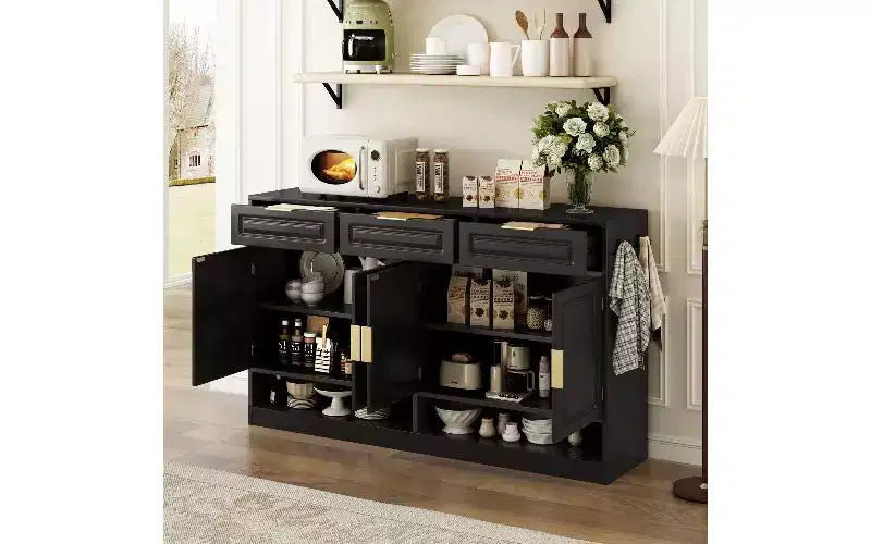 Buffet de Ferme avec 3 Tiroirs et 4 Portes, Meuble de Rangement Multi-Fonctionnel avec Étagère Réglable, Armoire de Cuisine