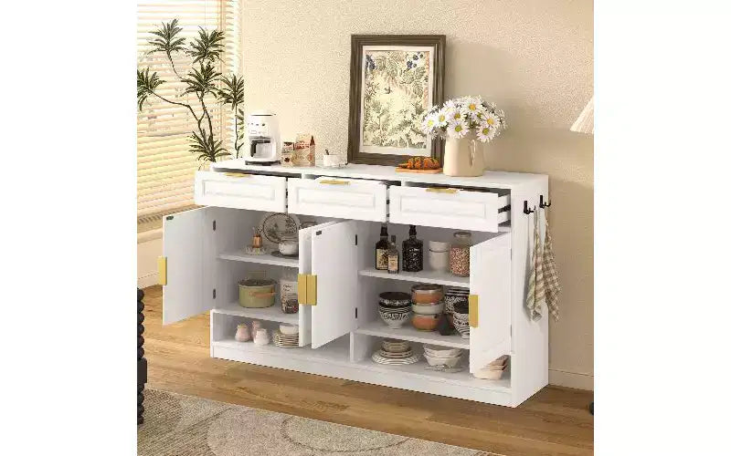 Buffet de Ferme avec 3 Tiroirs et 4 Portes, Meuble de Rangement Multi-Fonctionnel avec Étagère Réglable, Armoire de Cuisine