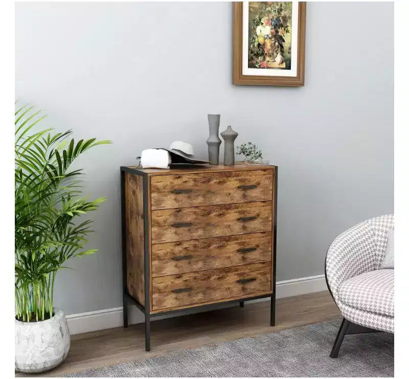 Commode 4 tiroirs style industriel, organiseur de rangement en bois brun rustique avec cadre en acier robuste