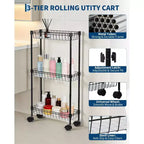 Chariot de rangement fin à 3 niveaux, chariot utilitaire en métal avec roulettes, étagère de rangement réglable avec panier pour cuisine, salle de bain, buanderie, coin étroit