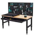 60 Inches Workbench, Rubber Wood Tabletop Work Table with 2 Drawers and Pegboard, 3000 LBS Heavy Duty Adjustable Height Work Bench with Power Outlets