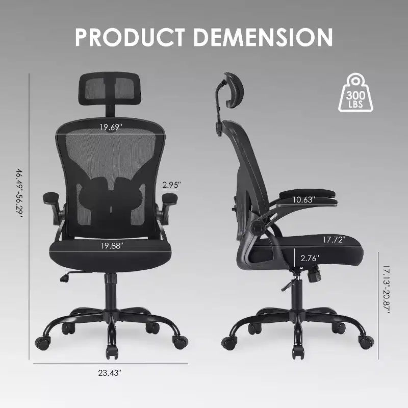 Chaise de bureau ergonomique, chaise pivotante avec support lombaire réglable, accoudoirs relevables, appuie-tête et dossier en maille