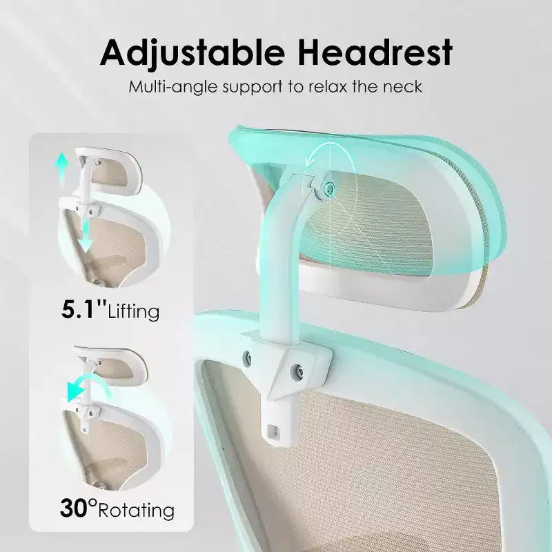 Chaise de bureau ergonomique, chaise pivotante avec support lombaire réglable, accoudoirs relevables, appuie-tête et dossier en maille