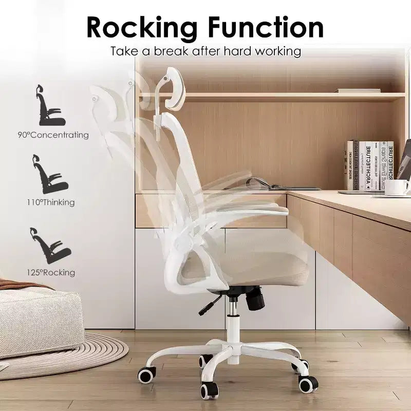 Chaise de bureau ergonomique, chaise pivotante avec support lombaire réglable, accoudoirs relevables, appuie-tête et dossier en maille