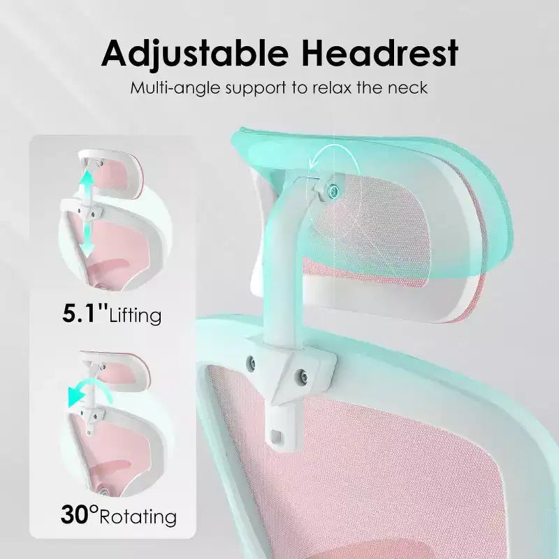 Chaise de bureau ergonomique, chaise pivotante avec support lombaire réglable, accoudoirs relevables, appuie-tête et dossier en maille