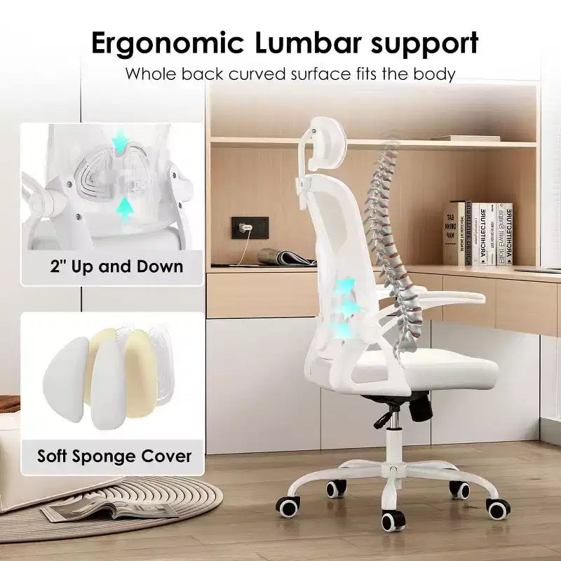 Chaise de bureau ergonomique, chaise pivotante avec support lombaire réglable, accoudoirs relevables, appuie-tête et dossier en maille