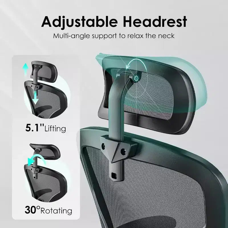 Chaise de bureau ergonomique, chaise pivotante avec support lombaire réglable, accoudoirs relevables, appuie-tête et dossier en maille