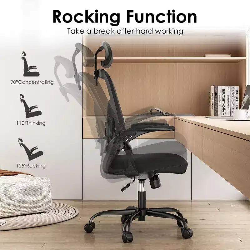 Chaise de bureau ergonomique, chaise pivotante avec support lombaire réglable, accoudoirs relevables, appuie-tête et dossier en maille