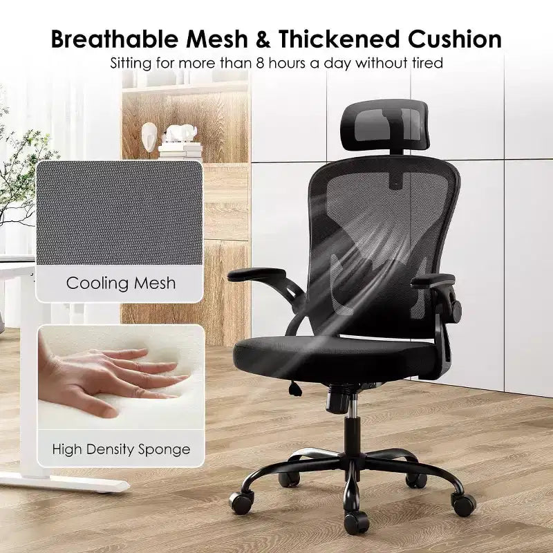 Chaise de bureau ergonomique, chaise pivotante avec support lombaire réglable, accoudoirs relevables, appuie-tête et dossier en maille