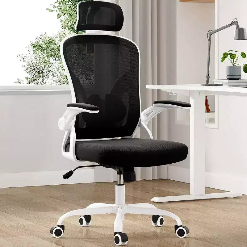 Chaise de bureau ergonomique, chaise pivotante avec support lombaire réglable, accoudoirs relevables, appuie-tête et dossier en maille
