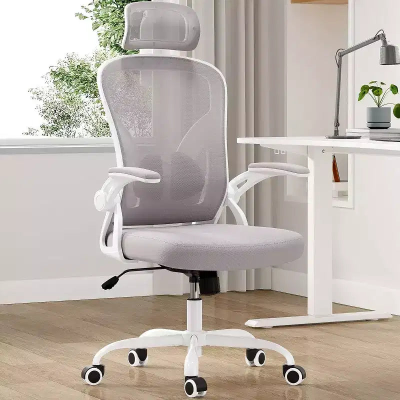 Chaise de bureau ergonomique, chaise pivotante avec support lombaire réglable, accoudoirs relevables, appuie-tête et dossier en maille