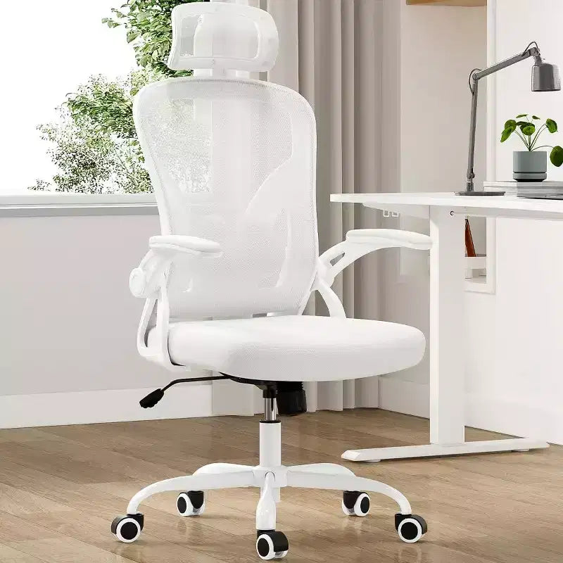 Chaise de bureau ergonomique, chaise pivotante avec support lombaire réglable, accoudoirs relevables, appuie-tête et dossier en maille