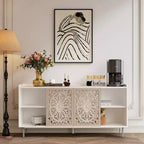 Meuble de Rangement Buffet, Cabinet de Rangement Rétro à 2 Portes, Buffet de Ferme Sculpté avec Porte Coulissante à Pousser-Tirer