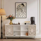 Meuble de Rangement Buffet, Cabinet de Rangement Rétro à 2 Portes, Buffet de Ferme Sculpté avec Porte Coulissante à Pousser-Tirer