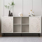 Meuble de Rangement Buffet, Cabinet de Rangement Rétro à 2 Portes, Buffet de Ferme Sculpté avec Porte Coulissante à Pousser-Tirer