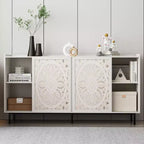 Meuble de Rangement Buffet, Cabinet de Rangement Rétro à 2 Portes, Buffet de Ferme Sculpté avec Porte Coulissante à Pousser-Tirer