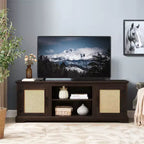 Meuble TV de ferme, pour écrans jusqu'à 70 pouces, meuble de divertissement en bois avec 2 étagères ouvertes et 2 portes en rotin, table console pour salon