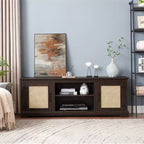 Meuble TV de ferme, pour écrans jusqu'à 70 pouces, meuble de divertissement en bois avec 2 étagères ouvertes et 2 portes en rotin, table console pour salon