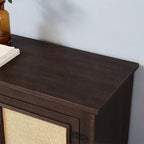 Meuble TV de ferme, pour écrans jusqu'à 70 pouces, meuble de divertissement en bois avec 2 étagères ouvertes et 2 portes en rotin, table console pour salon