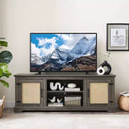 Meuble TV de ferme, pour écrans jusqu'à 70 pouces, meuble de divertissement en bois avec 2 étagères ouvertes et 2 portes en rotin, table console pour salon