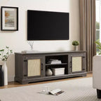 Meuble TV de ferme, pour écrans jusqu'à 70 pouces, meuble de divertissement en bois avec 2 étagères ouvertes et 2 portes en rotin, table console pour salon