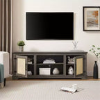 Meuble TV de ferme, pour écrans jusqu'à 70 pouces, meuble de divertissement en bois avec 2 étagères ouvertes et 2 portes en rotin, table console pour salon