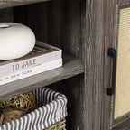 Meuble TV de ferme, pour écrans jusqu'à 70 pouces, meuble de divertissement en bois avec 2 étagères ouvertes et 2 portes en rotin, table console pour salon