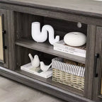Meuble TV de ferme, pour écrans jusqu'à 70 pouces, meuble de divertissement en bois avec 2 étagères ouvertes et 2 portes en rotin, table console pour salon