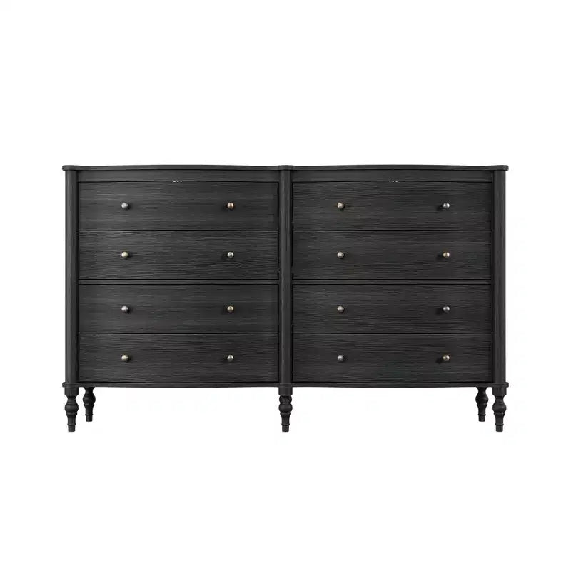 Commode Vintage à Façade Courbe avec 8 Tiroirs, Boutons en Bronze et Coiffeuse, Noir ou Chêne Clair