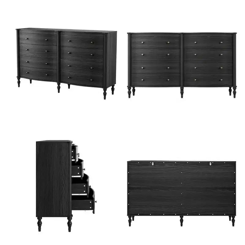 Commode Vintage à Façade Courbe avec 8 Tiroirs, Boutons en Bronze et Coiffeuse, Noir ou Chêne Clair