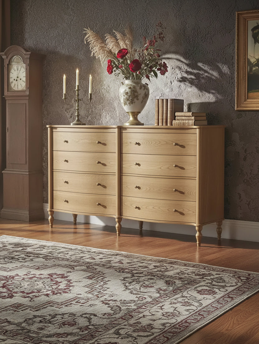 Commode Vintage à Façade Courbe avec 8 Tiroirs, Boutons en Bronze et Coiffeuse, Noir ou Chêne Clair