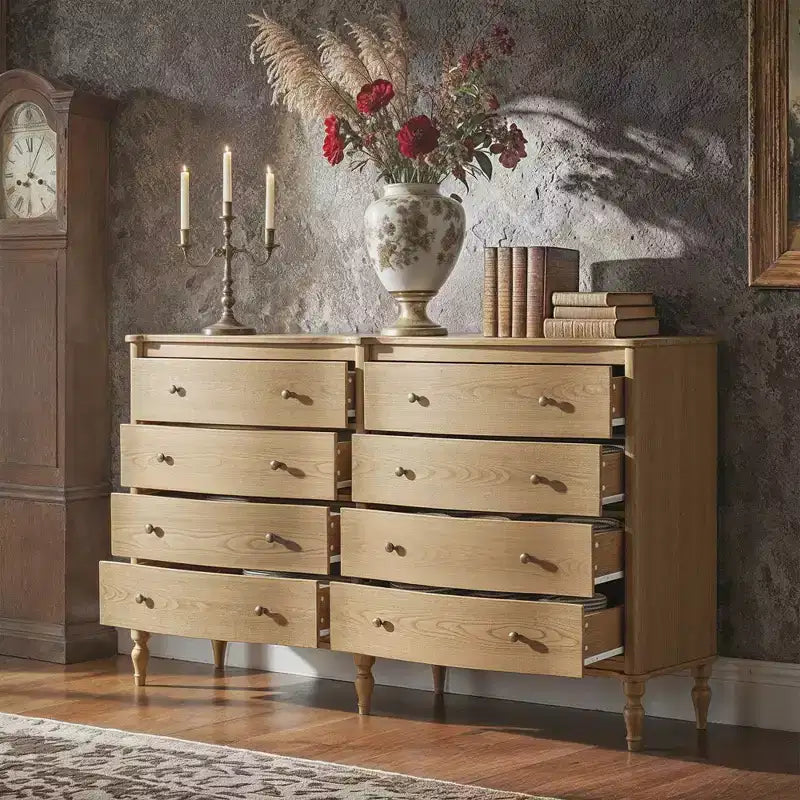 Commode Vintage à Façade Courbe avec 8 Tiroirs, Boutons en Bronze et Coiffeuse, Noir ou Chêne Clair