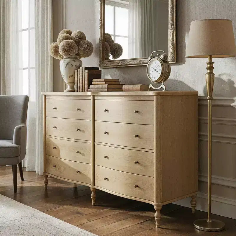 Commode Vintage à Façade Courbe avec 8 Tiroirs, Boutons en Bronze et Coiffeuse, Noir ou Chêne Clair