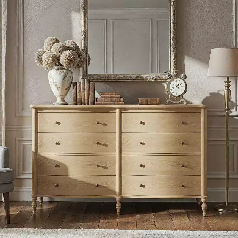 Commode Vintage à Façade Courbe avec 8 Tiroirs, Boutons en Bronze et Coiffeuse, Noir ou Chêne Clair