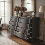 Commode Vintage à Façade Courbe avec 8 Tiroirs, Boutons en Bronze et Coiffeuse, Noir ou Chêne Clair