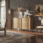 Commode Vintage à Façade Courbe avec 8 Tiroirs, Boutons en Bronze et Coiffeuse, Noir ou Chêne Clair