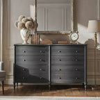 Commode Vintage à Façade Courbe avec 8 Tiroirs, Boutons en Bronze et Coiffeuse, Noir ou Chêne Clair