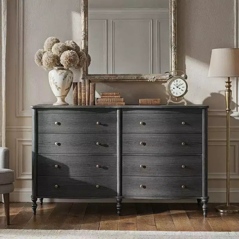 Commode Vintage à Façade Courbe avec 8 Tiroirs, Boutons en Bronze et Coiffeuse, Noir ou Chêne Clair