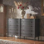 Commode Vintage à Façade Courbe avec 8 Tiroirs, Boutons en Bronze et Coiffeuse, Noir ou Chêne Clair