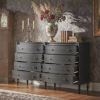Commode Vintage à Façade Courbe avec 8 Tiroirs, Boutons en Bronze et Coiffeuse, Noir ou Chêne Clair