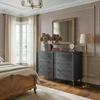 Commode Vintage à Façade Courbe avec 8 Tiroirs, Boutons en Bronze et Coiffeuse, Noir ou Chêne Clair