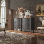 Commode Vintage à Façade Courbe avec 8 Tiroirs, Boutons en Bronze et Coiffeuse, Noir ou Chêne Clair