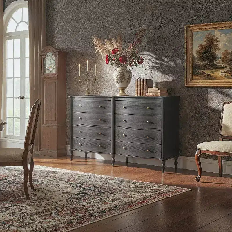 Commode Vintage à Façade Courbe avec 8 Tiroirs, Boutons en Bronze et Coiffeuse, Noir ou Chêne Clair