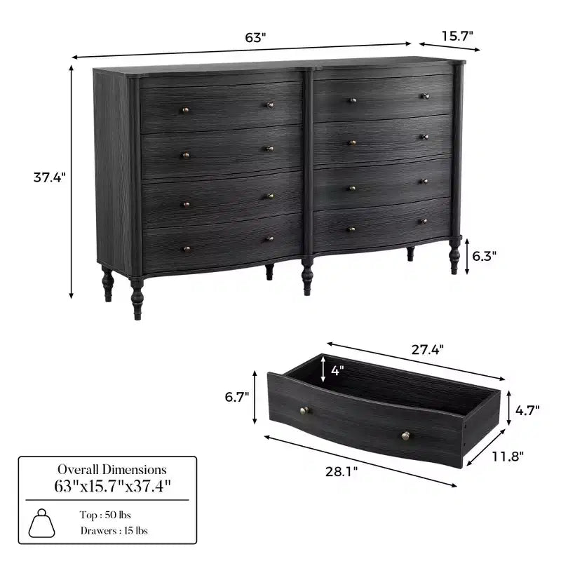 Commode Vintage à Façade Courbe avec 8 Tiroirs, Boutons en Bronze et Coiffeuse, Noir ou Chêne Clair
