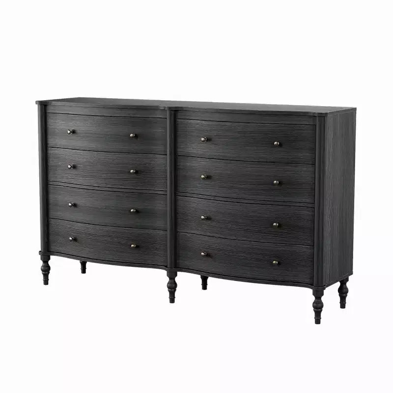 Commode Vintage à Façade Courbe avec 8 Tiroirs, Boutons en Bronze et Coiffeuse, Noir ou Chêne Clair