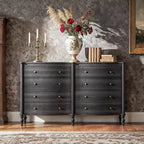Commode Vintage à Façade Courbe avec 8 Tiroirs, Boutons en Bronze et Coiffeuse, Noir ou Chêne Clair