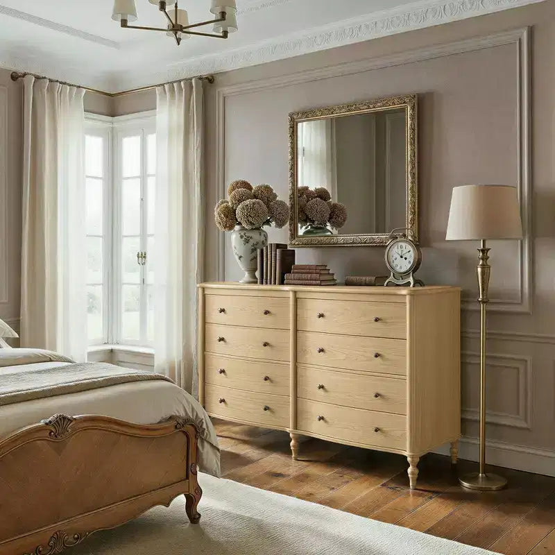 Commode Vintage à Façade Courbe avec 8 Tiroirs, Boutons en Bronze et Coiffeuse, Noir ou Chêne Clair